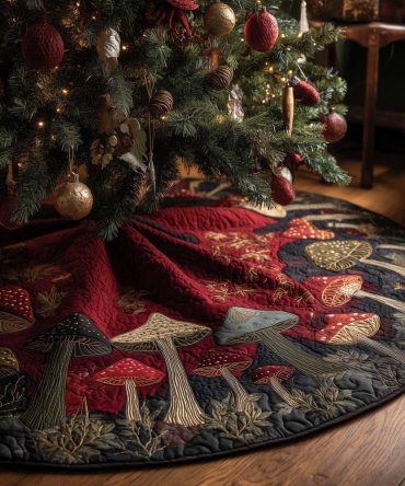 Dark Wood Quilt Tree Skirt With Red Toadstools - Handmade Gothic Woodland Christmas Skirt, Rustic Red Mushroom Holiday Decor, Custom-Made