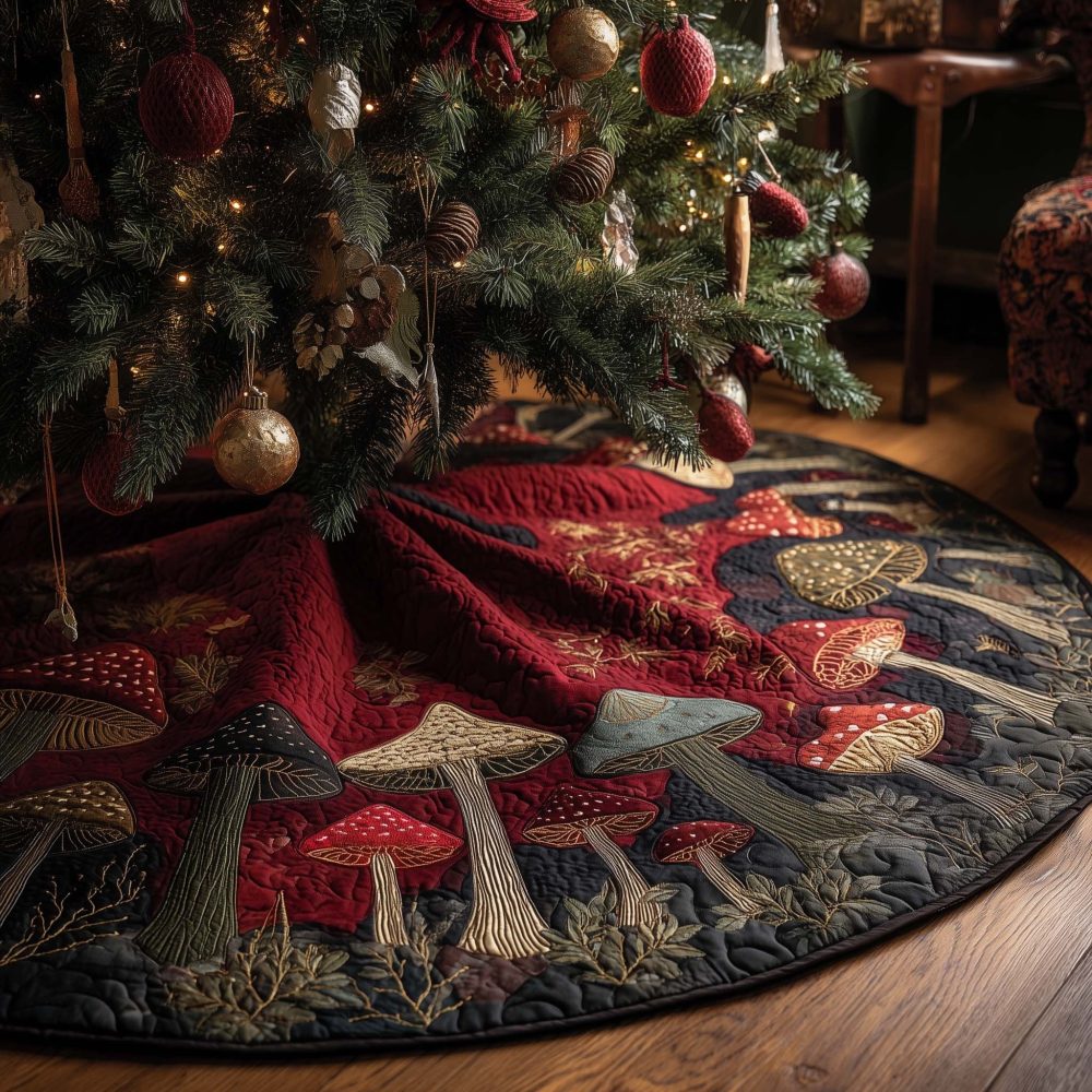Dark Wood Quilt Tree Skirt With Red Toadstools - Handmade Gothic Woodland Christmas Skirt, Rustic Red Mushroom Holiday Decor, Custom-Made