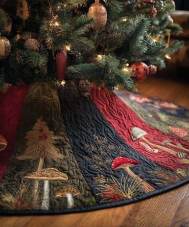 Red & Navy Tree Skirt With Mushroom And Pine Motifs - Quilted Handmade Christmas Skirt, Rustic Woodland Holiday Decor, Customizable