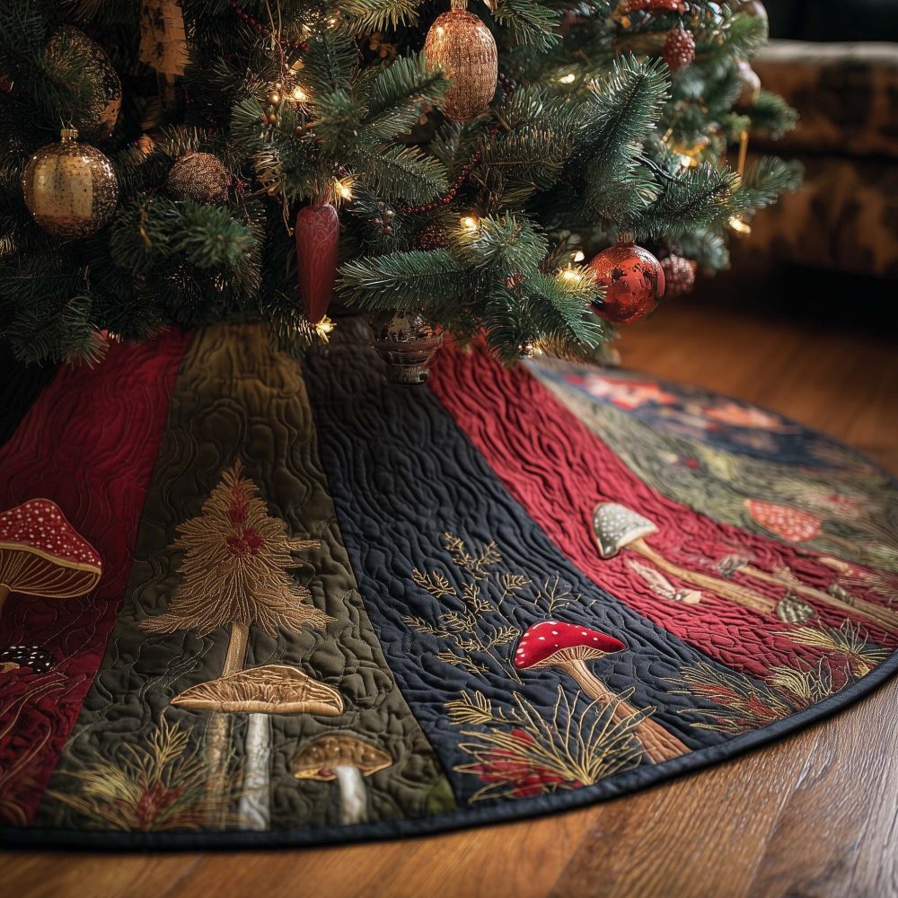 Red & Navy Tree Skirt With Mushroom And Pine Motifs - Quilted Handmade Christmas Skirt, Rustic Woodland Holiday Decor, Customizable