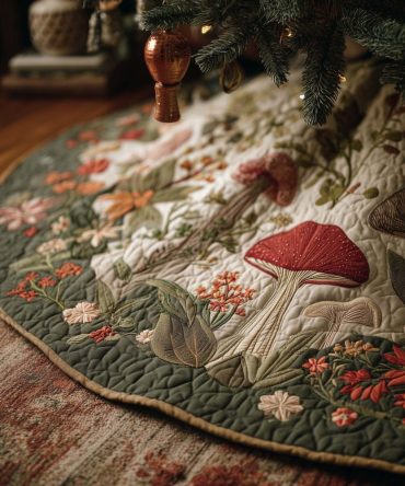 Sage Green Tree Skirt With Red Mushroom Caps - Quilted Undergrowth Design For Christmas, Rustic Cottage Holiday Decor, Made-To-Order