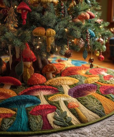 Colorful Patchwork Mushroom Tree Skirt - Handmade Bright Multicolor Quilt Skirt For Christmas, Vibrant Woodland Holiday Accent, Custom Size