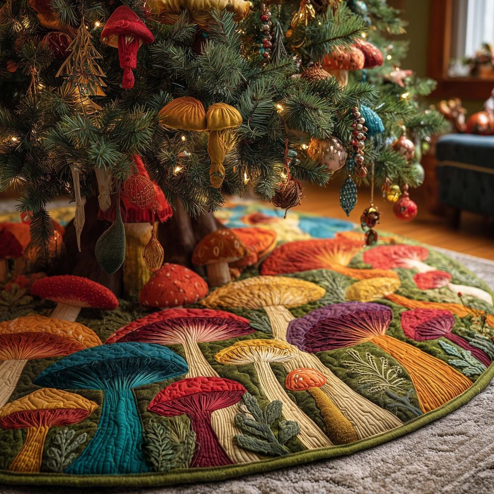Colorful Patchwork Mushroom Tree Skirt - Handmade Bright Multicolor Quilt Skirt For Christmas, Vibrant Woodland Holiday Accent, Custom Size