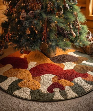 Rust And Cream Mushroom Quilt Tree Skirt - Handmade Autumn-To-Winter Holiday Tree Skirt, Warm Rustic Colors, Custom-Made Options