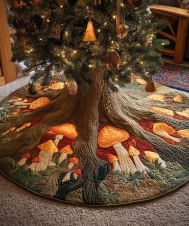 Glowing Amber Mushroom Tree Skirt - Handmade Quilted Holiday Skirt With Golden Toadstool Design, Custom Sizes & Rustic Charm