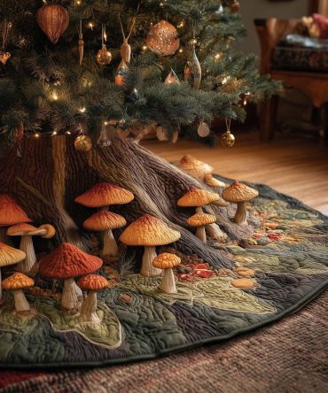 Handmade Tree Skirt With Orange Mushroom Motifs At Roots - Rustic Autumn-To-Christmas Quilt, Custom Holiday Woodland Accent