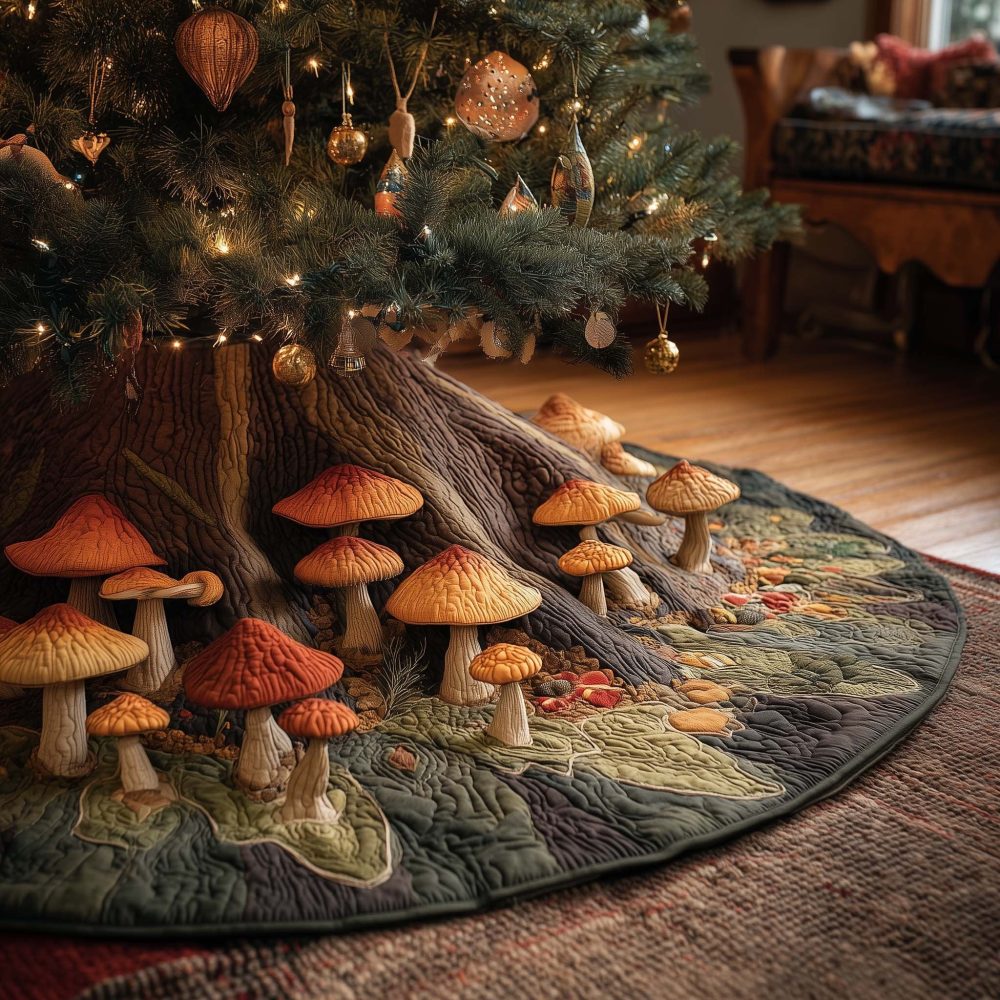 Handmade Tree Skirt With Orange Mushroom Motifs At Roots - Rustic Autumn-To-Christmas Quilt, Custom Holiday Woodland Accent