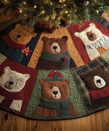Plaid Patchwork Tree Skirt With Bear Block Motifs - Handmade Quilted Christmas Tree Skirt In Warm Plaids, Custom Rustic Holiday Decor