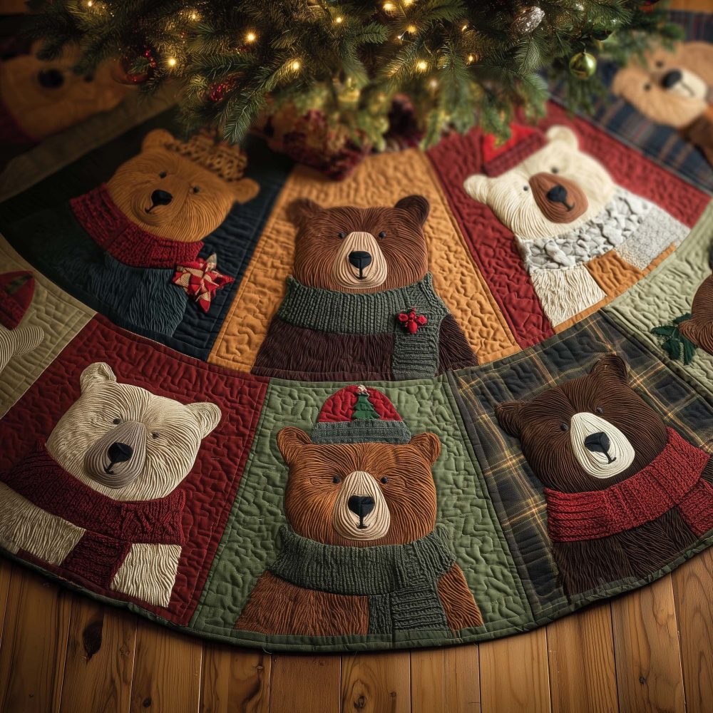 Plaid Patchwork Tree Skirt With Bear Block Motifs - Handmade Quilted Christmas Tree Skirt In Warm Plaids, Custom Rustic Holiday Decor