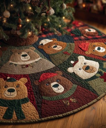 Quilted Patchwork Tree Skirt Featuring Scarved Teddy Bears - Handmade Christmas Tree Skirt, Festive Nursery-Friendly Holiday Accent