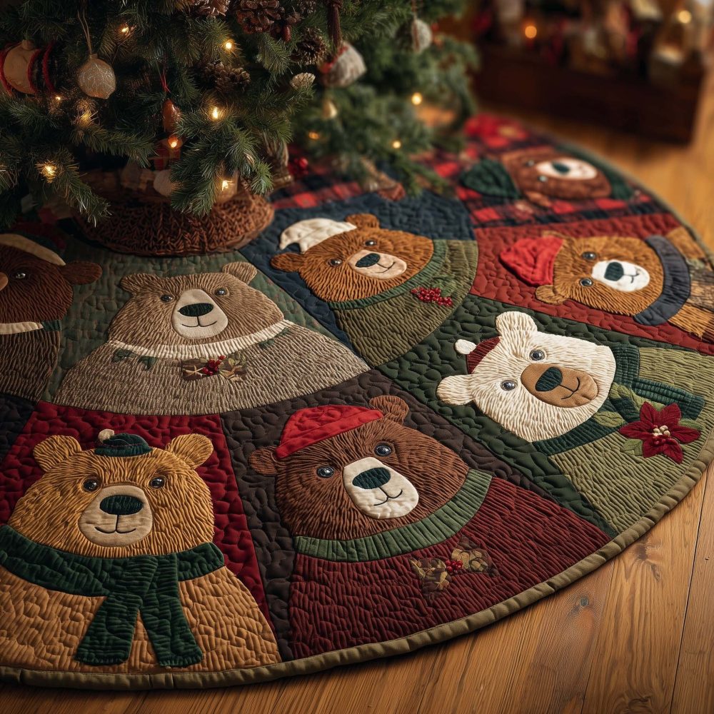 Quilted Patchwork Tree Skirt Featuring Scarved Teddy Bears - Handmade Christmas Tree Skirt, Festive Nursery-Friendly Holiday Accent