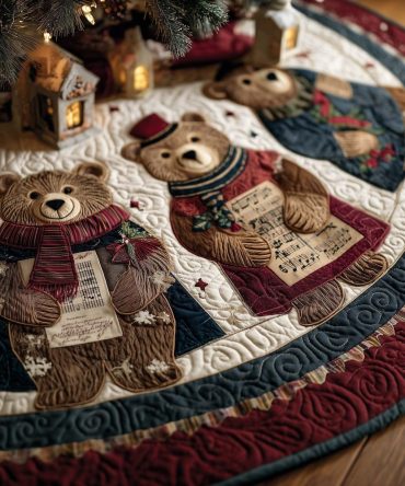 Cream Quilted Tree Skirt With Alphabet Teddy Bears - Personalized Handmade Christmas Tree Skirt, Monogram & Custom Lettering Available