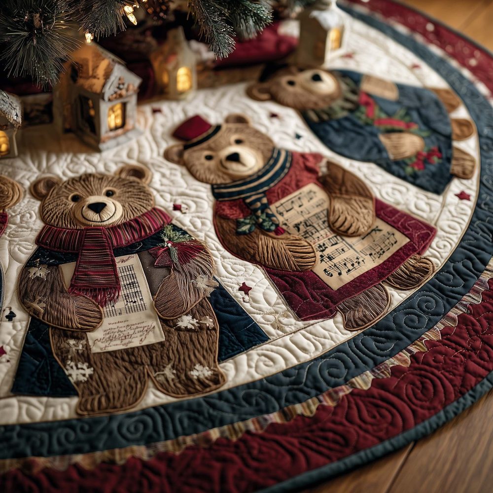 Cream Quilted Tree Skirt With Alphabet Teddy Bears - Personalized Handmade Christmas Tree Skirt, Monogram & Custom Lettering Available