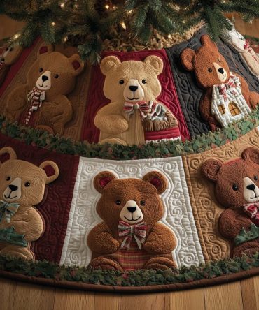 Red Patchwork Teddy Bear Tree Skirt - Handmade Quilted Christmas Tree Skirt With Classic Toy Bear Motifs, Custom Size Options