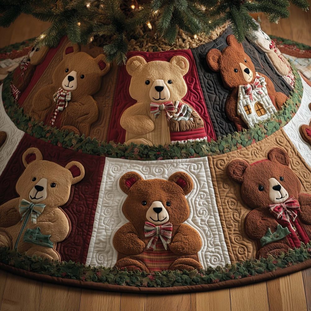 Red Patchwork Teddy Bear Tree Skirt - Handmade Quilted Christmas Tree Skirt With Classic Toy Bear Motifs, Custom Size Options