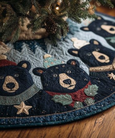Handmade Blue-Grey Folk Quilt Tree Skirt With Black Bear Silhouettes - Custom Christmas Decor Accent