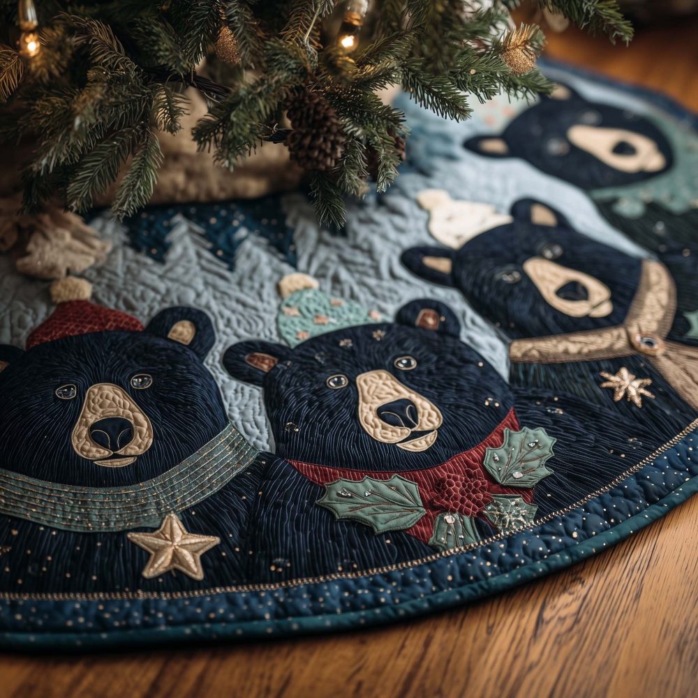 Handmade Blue-Grey Folk Quilt Tree Skirt With Black Bear Silhouettes - Custom Christmas Decor Accent
