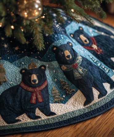 Starry Teal Quilt Tree Skirt With Black Bears In Scarves - Handmade Custom Christmas Tree Skirt, Cozy Woodland Decor
