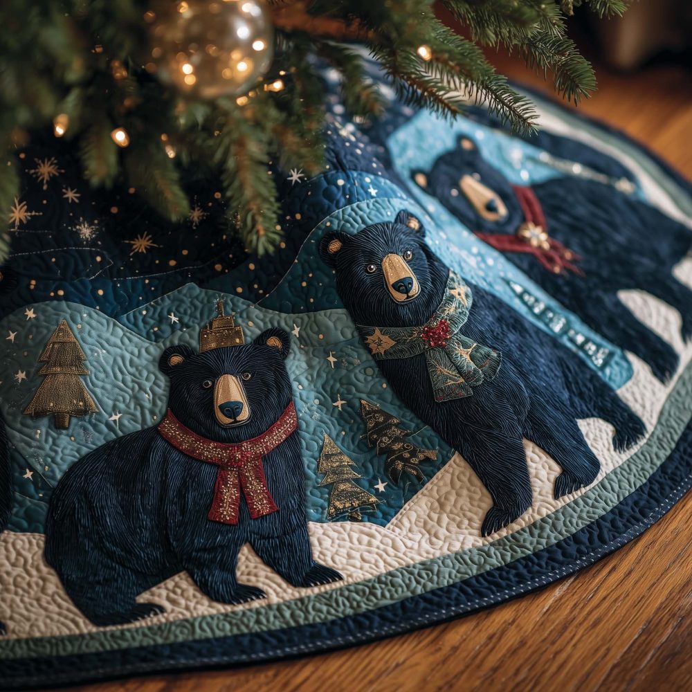 Starry Teal Quilt Tree Skirt With Black Bears In Scarves - Handmade Custom Christmas Tree Skirt, Cozy Woodland Decor