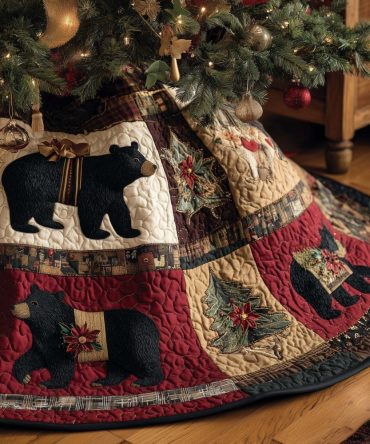 Red Patchwork Tree Skirt With Black Bear Silhouettes - Custom Handmade Christmas Skirt, Rustic Lodge Holiday Accent