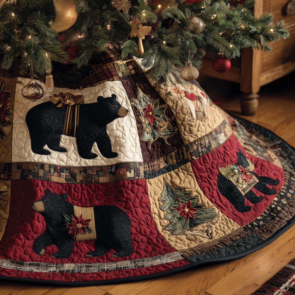 Red Patchwork Tree Skirt With Black Bear Silhouettes - Custom Handmade Christmas Skirt, Rustic Lodge Holiday Accent