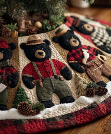 Adorable Bears In Overalls & Plaid Shirts Tree Skirt - Custom Handmade Christmas Skirt, Playful Rustic Holiday Decor