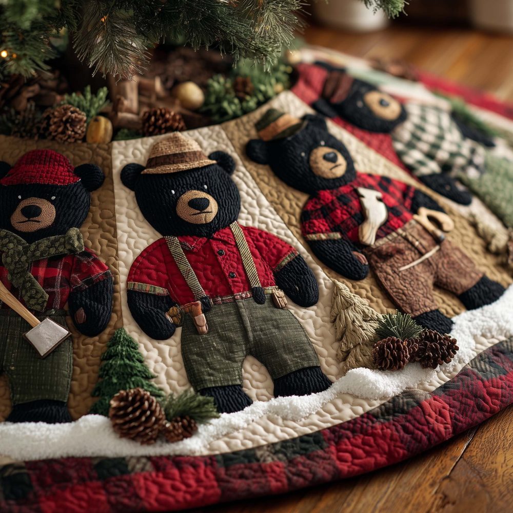 Adorable Bears In Overalls & Plaid Shirts Tree Skirt - Custom Handmade Christmas Skirt, Playful Rustic Holiday Decor