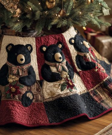 Black Bears On Red & Cream Block Tree Skirt - Custom Handmade Christmas Skirt, Country Cabin Holiday Decor, Made-To-Order