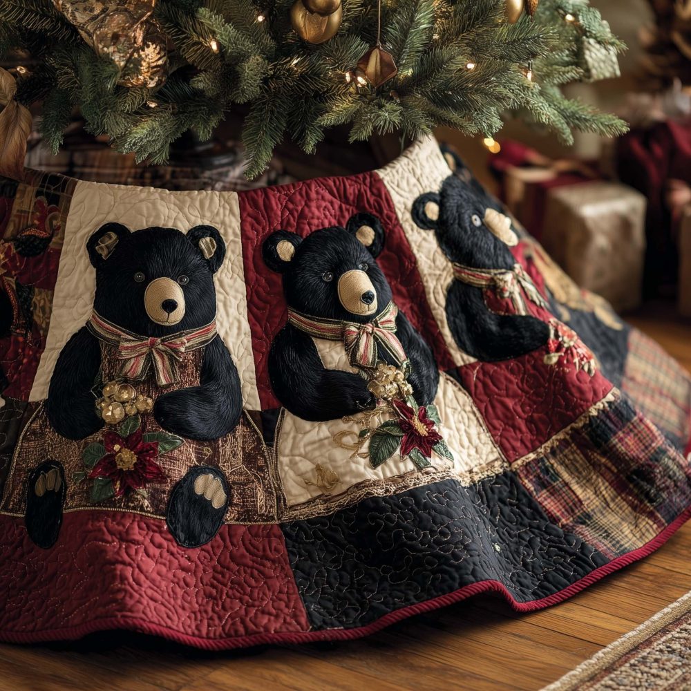 Black Bears On Red & Cream Block Tree Skirt - Custom Handmade Christmas Skirt, Country Cabin Holiday Decor, Made-To-Order