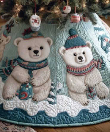 Polar Bears In Knit Hats Teal Tree Skirt - Custom Handmade Christmas Skirt, Playful Arctic Holiday Home Decor