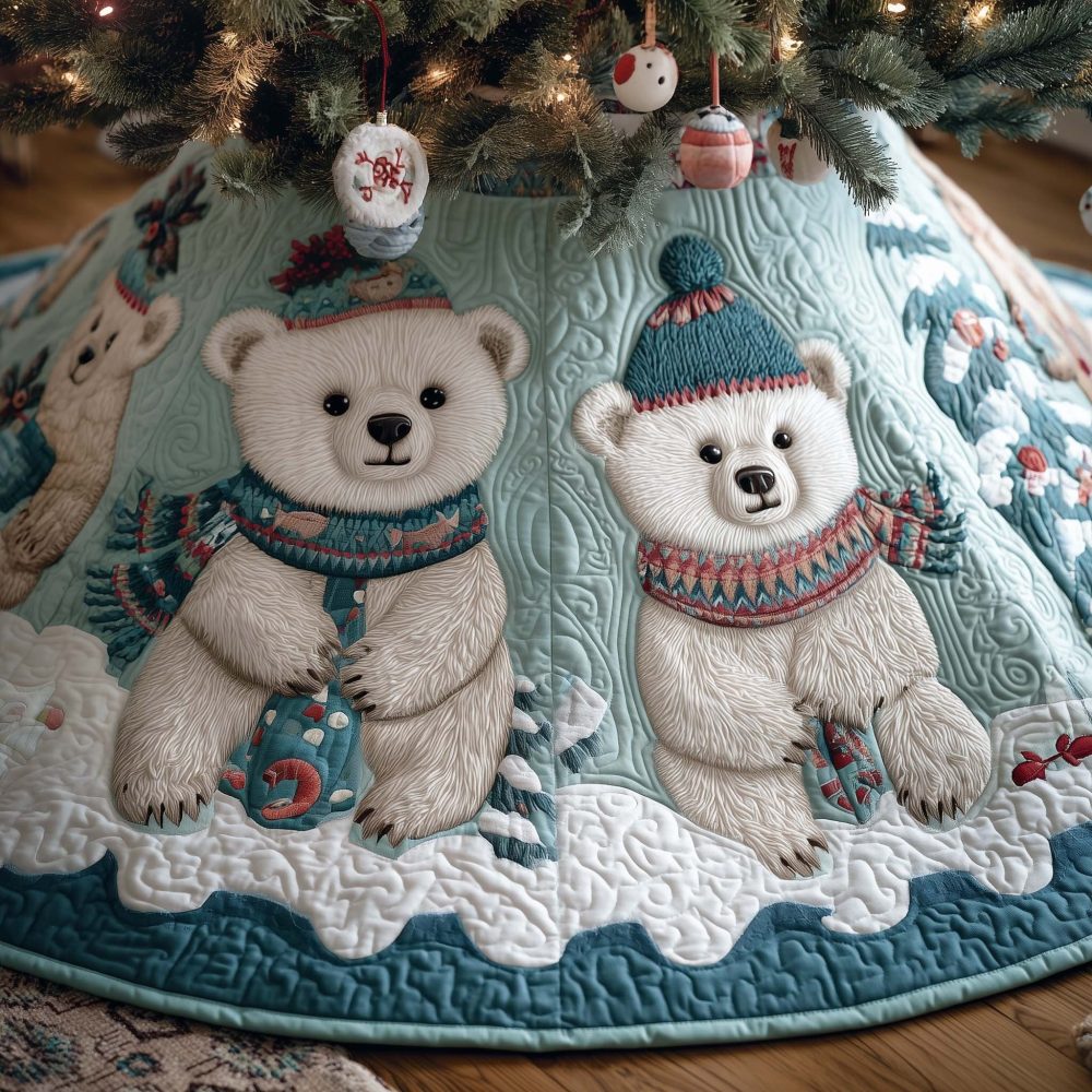 Polar Bears In Knit Hats Teal Tree Skirt - Custom Handmade Christmas Skirt, Playful Arctic Holiday Home Decor
