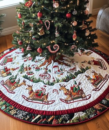 Reindeer Sleigh Run Tree Skirt On White - Handcrafted Snowy Sleigh Scene, Custom Christmas Tree Skirt For Classic Holiday Styling