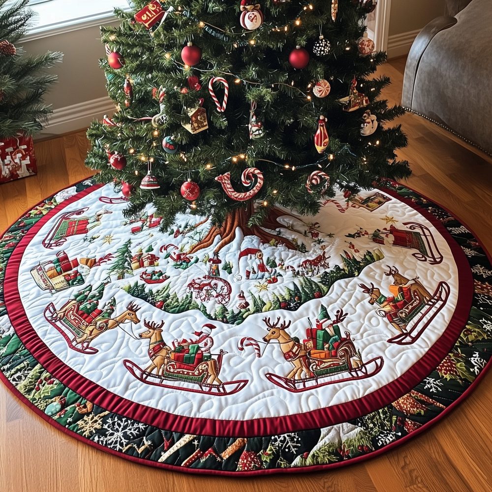Reindeer Sleigh Run Tree Skirt On White - Handcrafted Snowy Sleigh Scene, Custom Christmas Tree Skirt For Classic Holiday Styling