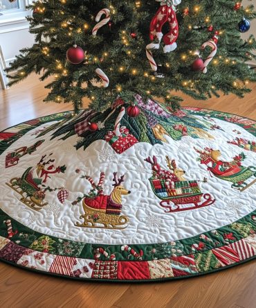 Sleds And Reindeer Border Christmas Tree Skirt - Classic Winter Scene Skirt, Handmade Holiday Decor With Festive Border Motif