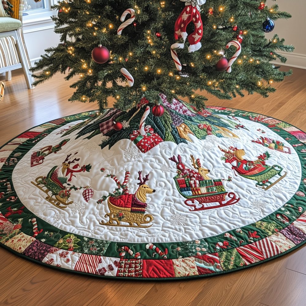 Sleds And Reindeer Border Christmas Tree Skirt - Classic Winter Scene Skirt, Handmade Holiday Decor With Festive Border Motif