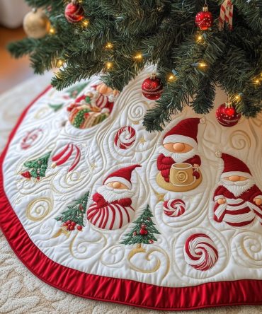 Peppermint & Cocoa Holiday Tree Skirt With Red Trim - Custom Handmade Christmas Skirt, Festive Kitchen Cozy Decor