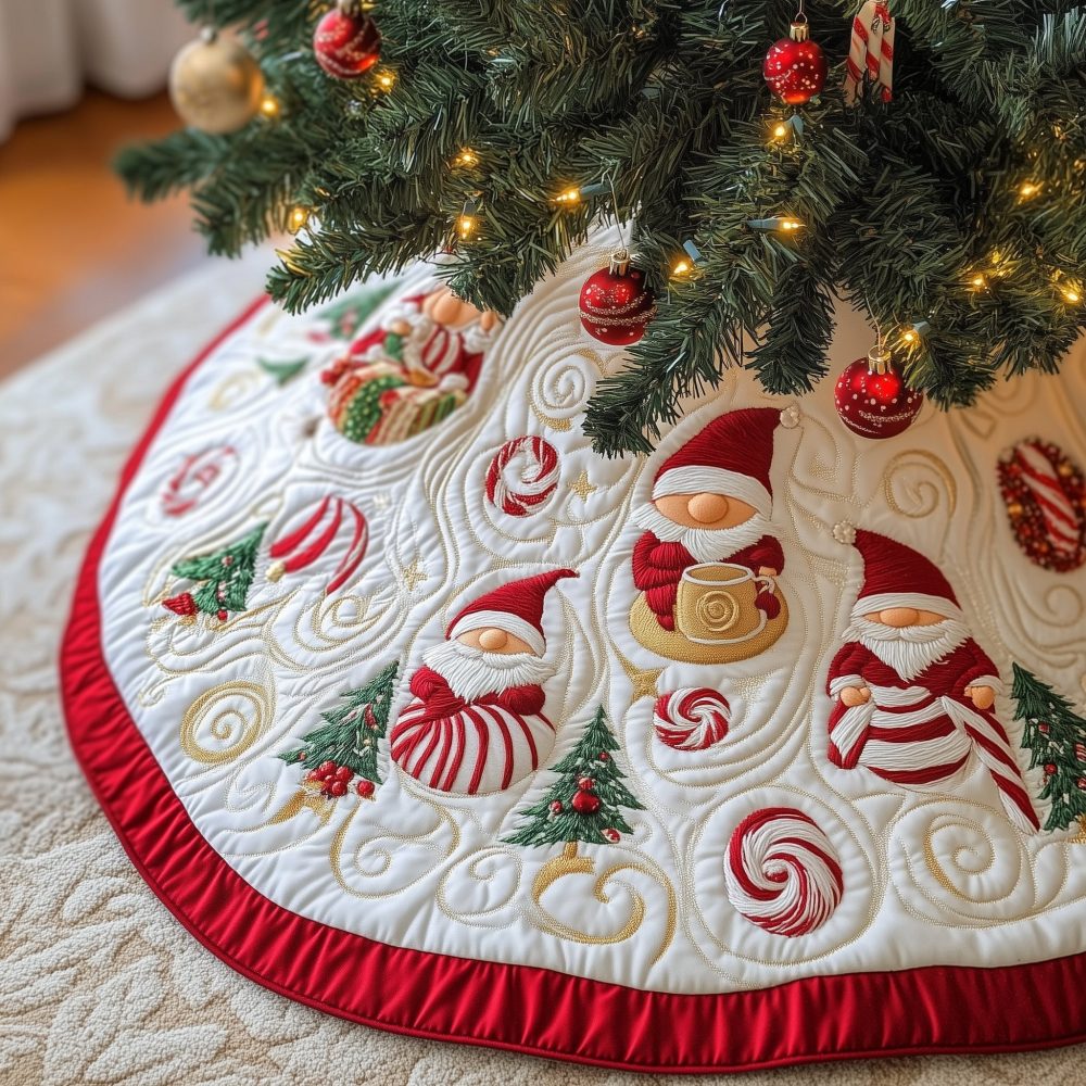 Peppermint & Cocoa Holiday Tree Skirt With Red Trim - Custom Handmade Christmas Skirt, Festive Kitchen Cozy Decor