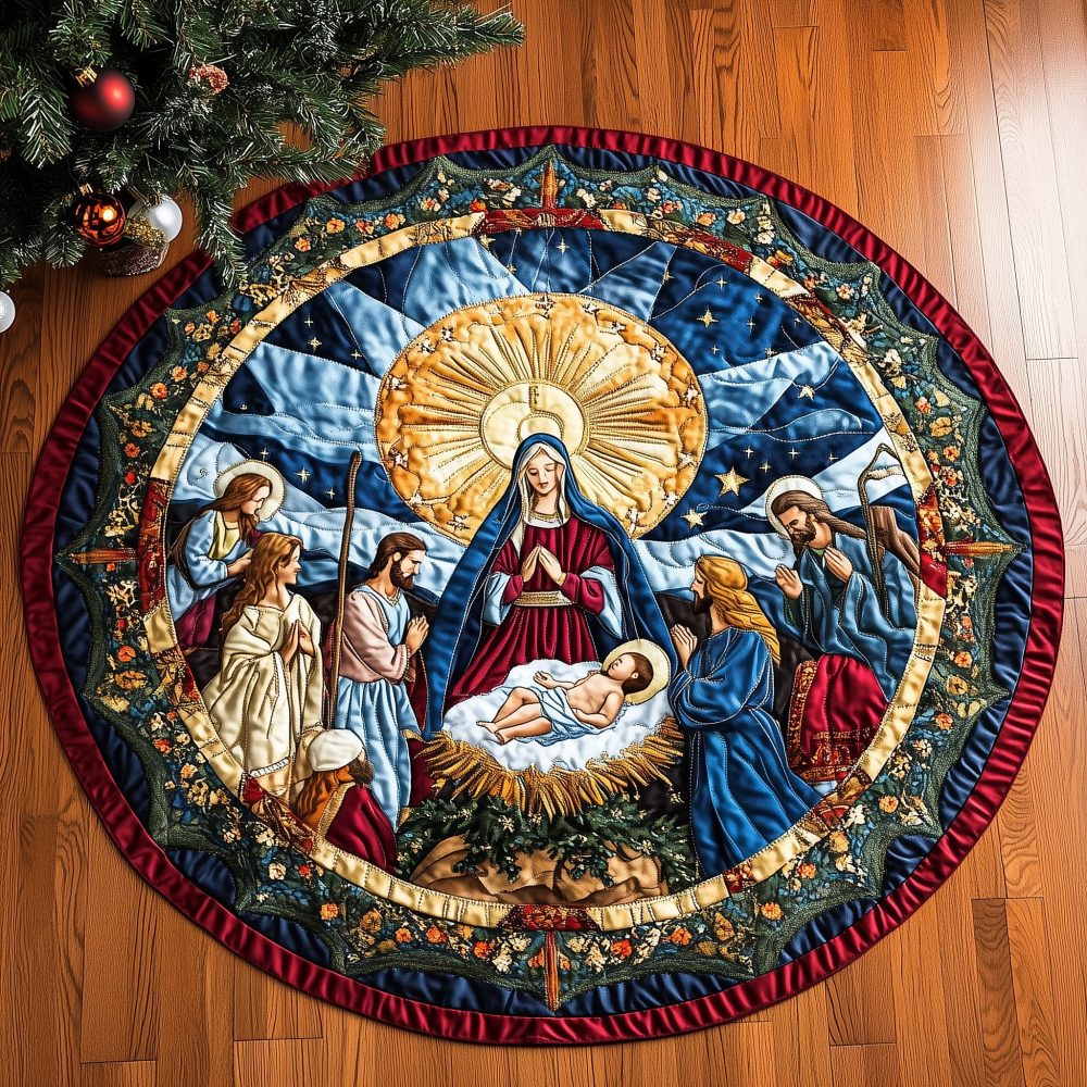 Madonna Halo Nativity Medallion Tree Skirt - Handcrafted Marian Christmas Skirt, Custom Religious Decor With Classic Halo Emblem