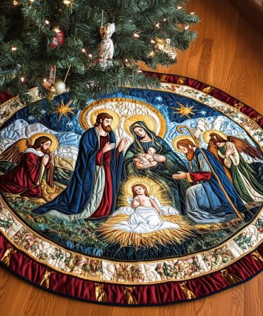 Stained Glass Nativity Oval Christmas Tree Skirt - Handcrafted Creche Design, Custom Religious Holiday Skirt With Vibrant Colors