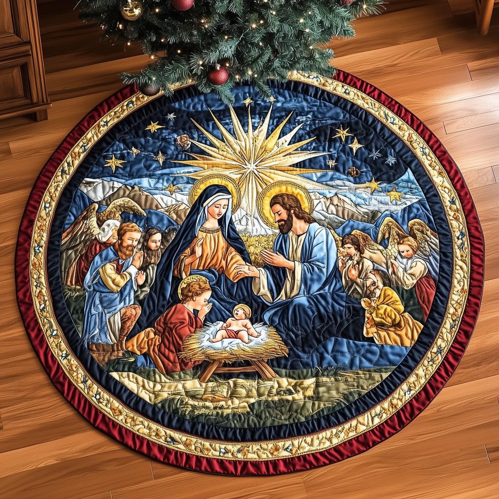 Nativity Under The Star Christmas Tree Skirt - Handcrafted Holy Night Creche Skirt, Custom Religious Holiday Decor For Church Or Home