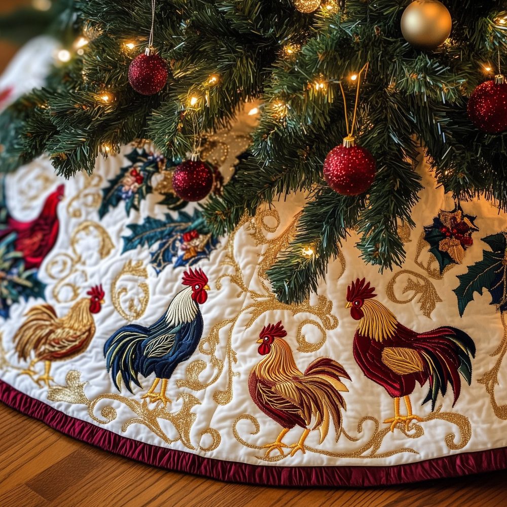 Gold Scroll Roosters Christmas Tree Skirt - Elegant Handcrafted Holiday Skirt With Ornate Rooster Motif, Custom Seasonal Decor