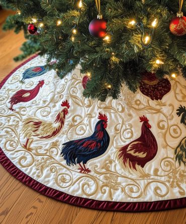 Heraldic Rooster Pair Christmas Tree Skirt - Handcrafted Farmhouse Coat-Of-Arms Holiday Skirt, Custom Rustic Christmas Decor