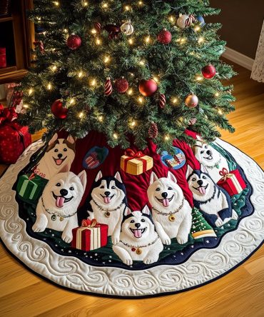 Husky Pups With Presents Tree Skirt - Handmade Holiday Skirt Featuring Playful Puppies And Gift Motifs, Custom Sizes Available