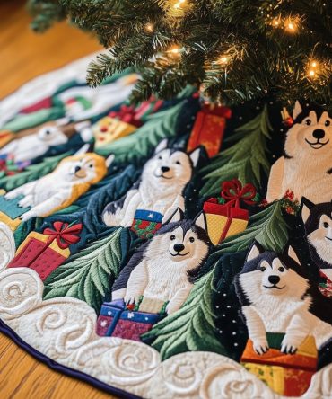 Winter Pines Husky Christmas Tree Skirt - Handcrafted Pine Scene With Huskies, Custom Sizes For Cozy Holiday Styling