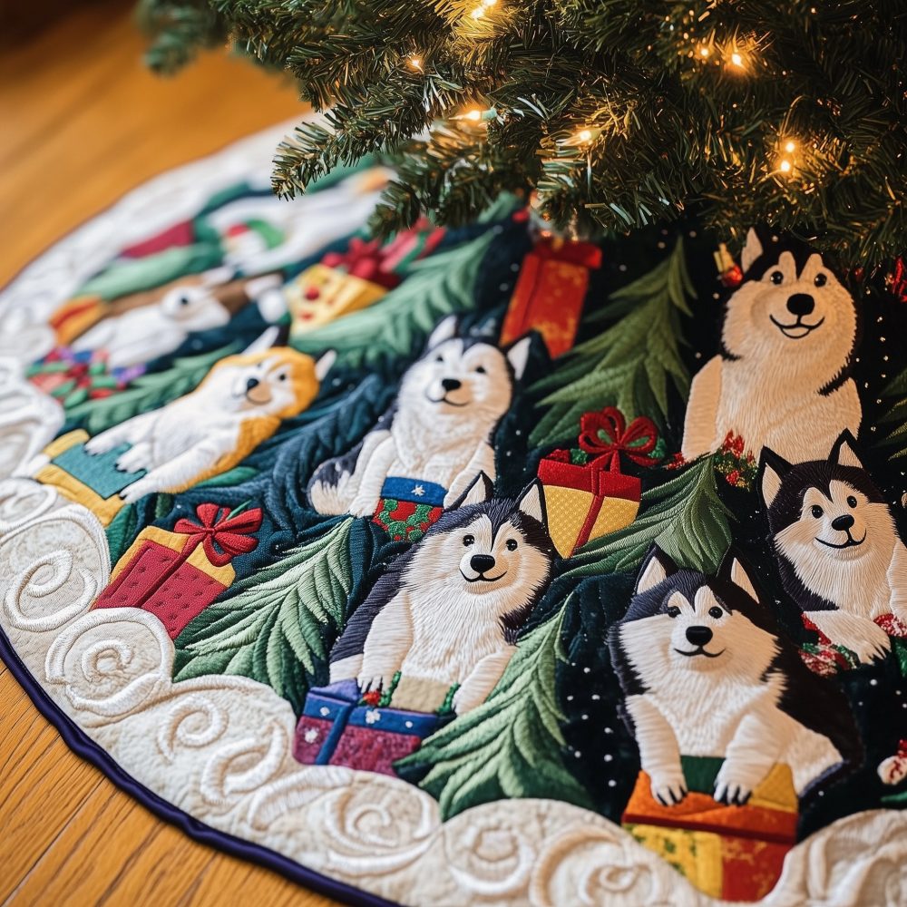 Winter Pines Husky Christmas Tree Skirt - Handcrafted Pine Scene With Huskies, Custom Sizes For Cozy Holiday Styling