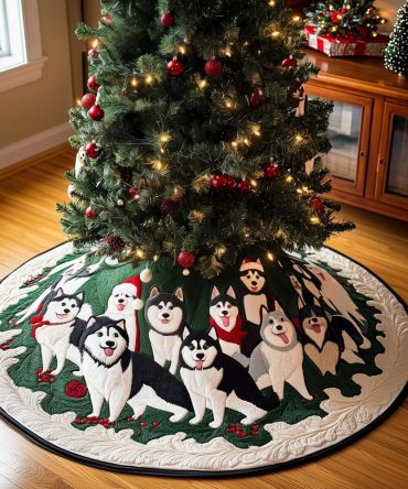 Snow Ring Tree Skirt With Husky Family Design - Custom Handmade Winter Base, Perfect For Dog Lovers And Seasonal Displays