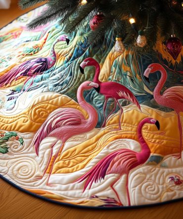 Golden Dunes Flamingo Tree Skirt - Luxurious Metallic Accents, Handmade Holiday Skirt With Tropical Elegance And Custom Sizing