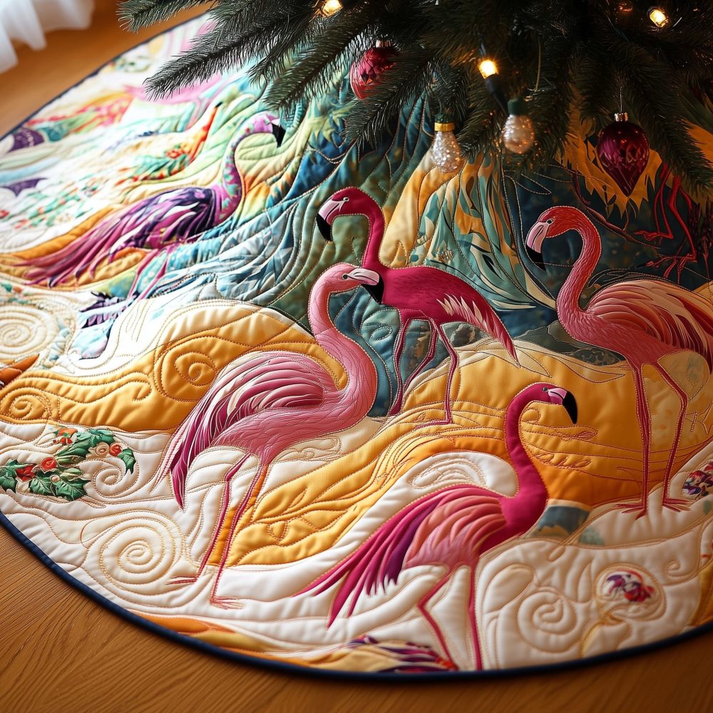 Golden Dunes Flamingo Tree Skirt - Luxurious Metallic Accents, Handmade Holiday Skirt With Tropical Elegance And Custom Sizing