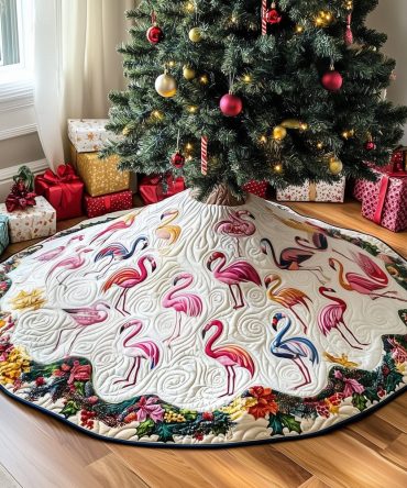 Blossom White Tree Skirt With Graceful Flamingo Flock - Custom Handmade Holiday Skirt, Soft Floral Accents For Seasonal Style