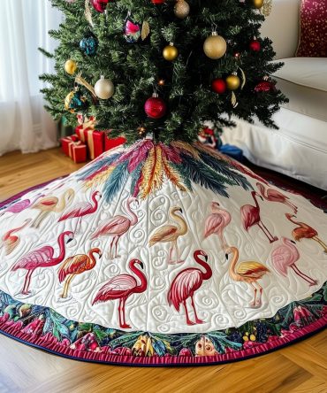 Flamingo Promenade Holiday Tree Skirt - Handmade Tropical Christmas Base With Elegant Flamingo Motif, Custom Sizes Offered